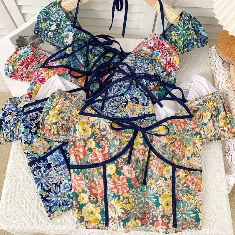 

Women's Fashion Floral Print Halter Sexy Slim Exposed Navel Short Sleeves Shirt Blouse