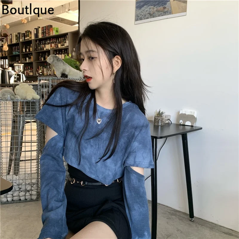 

Tie Dye T-shirts Women Blue Removable Sleeve Trendy Korean Style Chic Club Streetwear Popular Female Crop Top Ins Sexy Slim Cozy