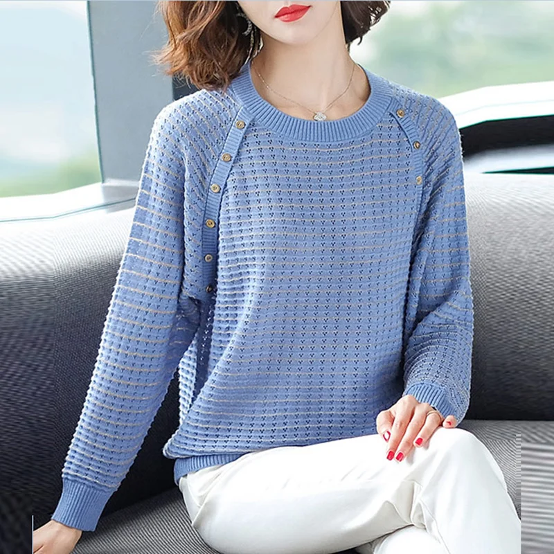 

Button Patchwork Hollow Out O-Neck Knitted Pullovers Women Loose Stripes Thin Sweaters Female Plus Size Long Sleeve Tops Spring