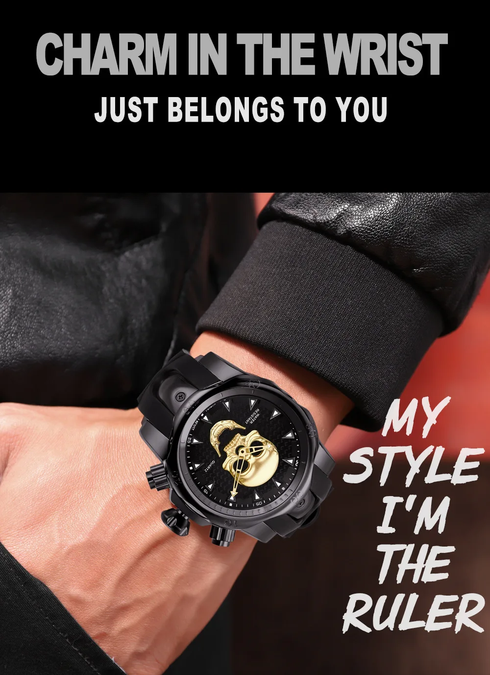 3D Силиконовые часы с черепом крутые персональные золотые кварцевые большим