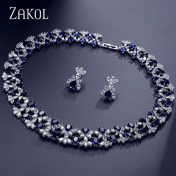 Blue ZAKOL роскошные женские Ювелирные наборы Цветок проложить Циркон ожерелье серьги набор прозрачных ювелирных изделий для невесты свадебный ужин платье FSSP296 - Окраска металла: Blue