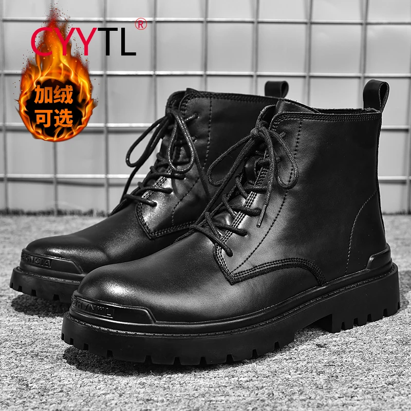 

CYYTL Fur Lined 2021 Winter Men's Boots Outdoor Walking Ankle Keep Warm Shoes Waterproof Leather Insulated Male Work Botines