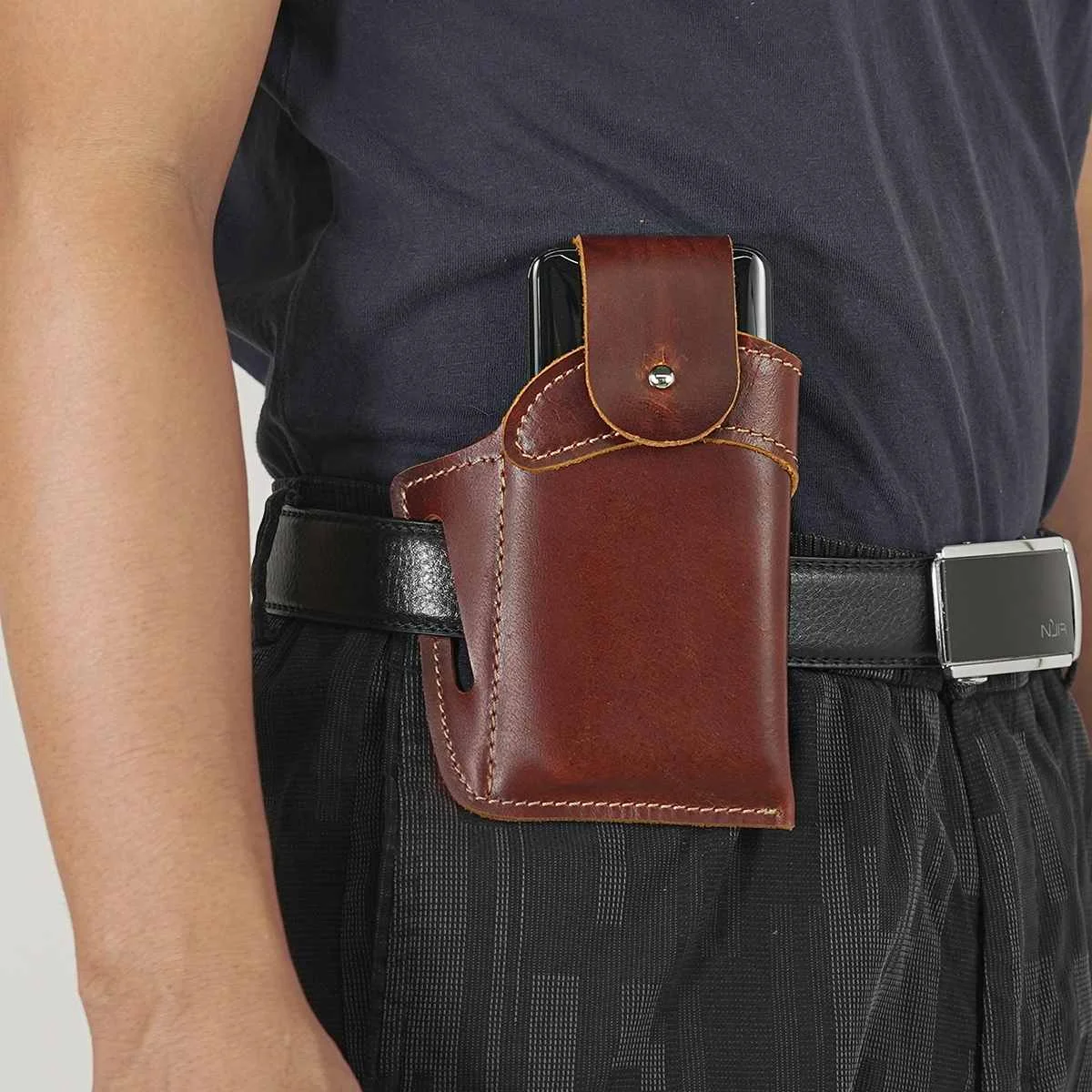 

New Retro Men's Cellphone Loop Holster Case Belt Waist Bag Props Multi-function Genuine Leather Purse Buckle Phone Wallet Gift