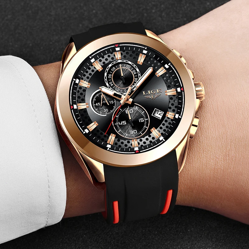 Часы наручные LIGE мужские с хронографом Спортивные кварцевые армейские в стиле