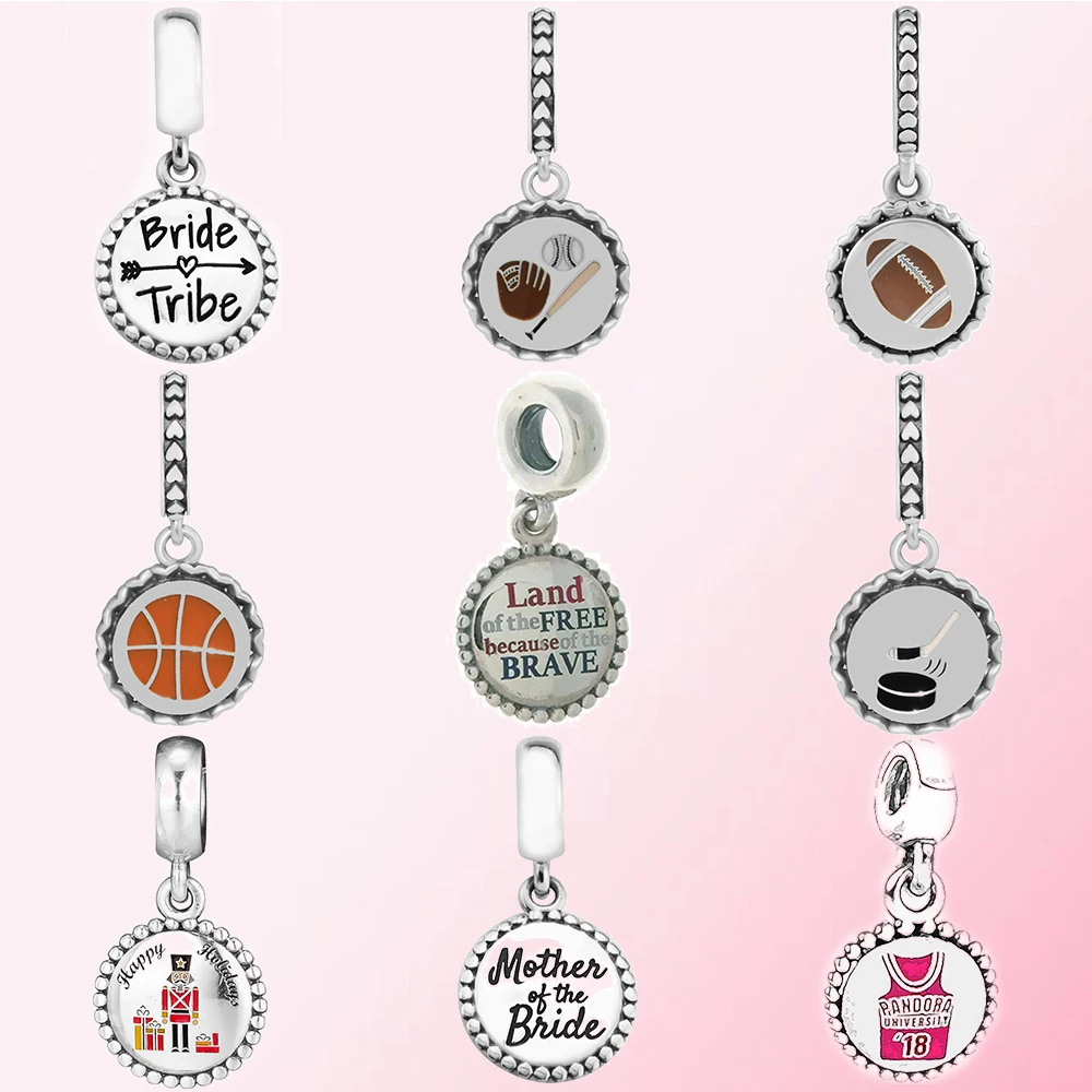 

100% 925 Sterling Silver Land of The Because of The Brave Dangle Charm Basketball Baseball Football Curling Christmas Pendant