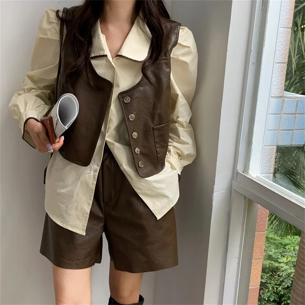

Retro Femme Three Pieces Sets Full Sleeve Autumn Chic Shirt Vintage Solid All Match Vest New Elastic-Waist PU Shorts