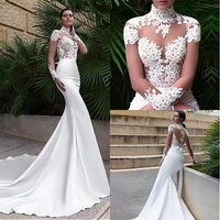 elegant high neckline mermaid wedding dresses lace appliques sheer long sleeves sexy see through bodice bridal gowns 2020 autumn