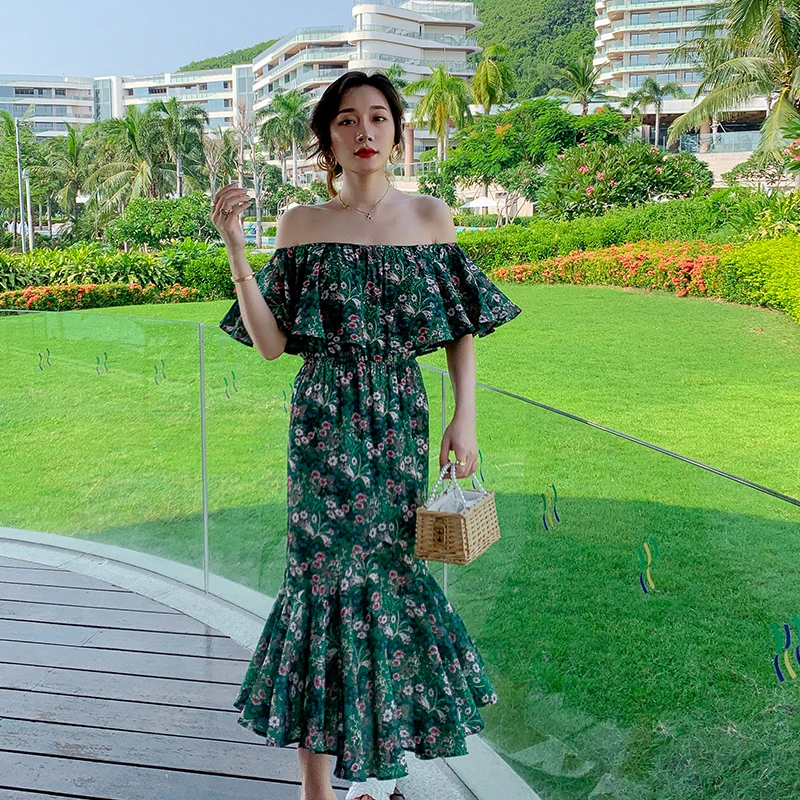 

Summer Slash Neck Mermaid Dress Chinese Style Slim Floral Print Dress Midi Dress Chiffon 2021 Women Fashion Clothing