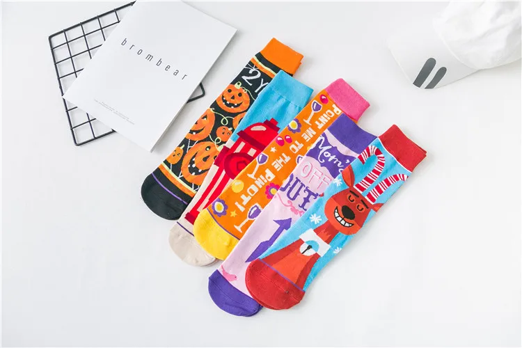 Moda Socmark счастливые мужские носки женские забавные носки с героями мультфильмов модные пара носков AB Асимметричные чулки Хэллоуин Тыква длинные носки