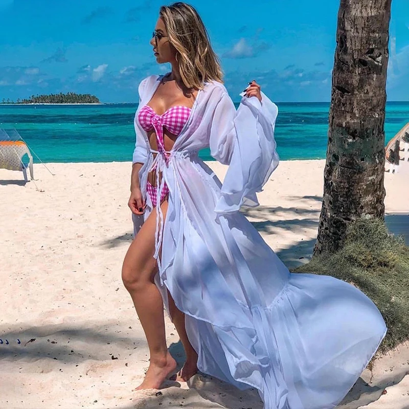 Сексуальная накидка на бикини длинная белая туника повседневное летнее пляжное