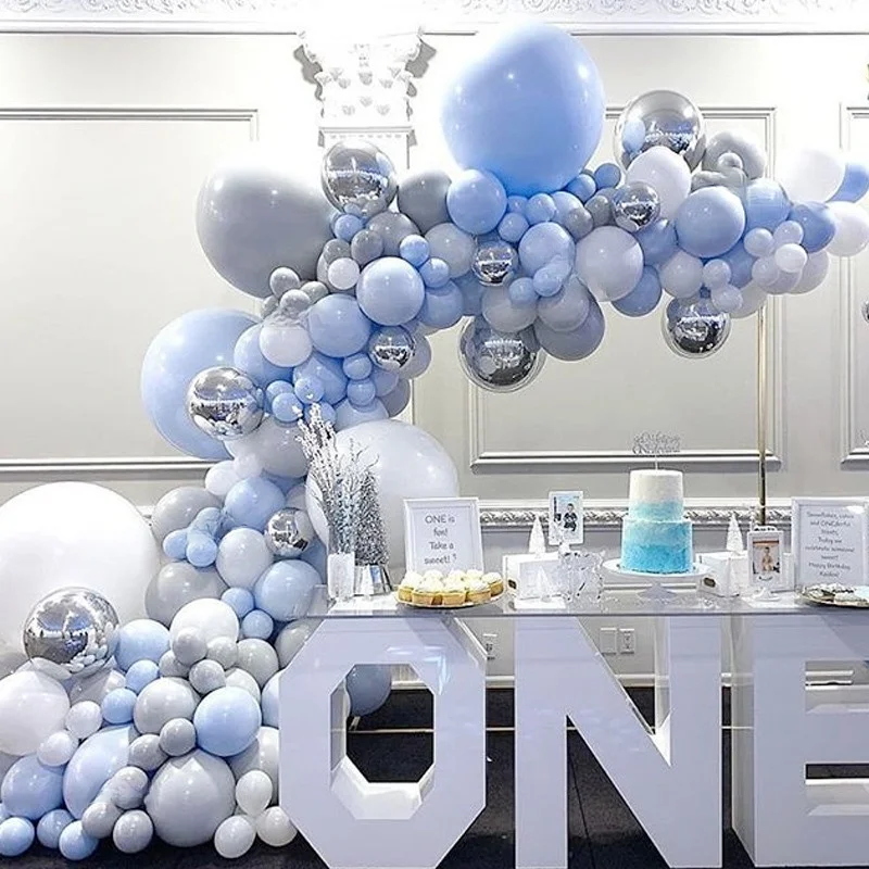 

151pcs Blue gray white balloon Arch 4D Silver Foil Balloons Boys Birthday Party Decoration Pastel grey Latex Ball Wedding Globos