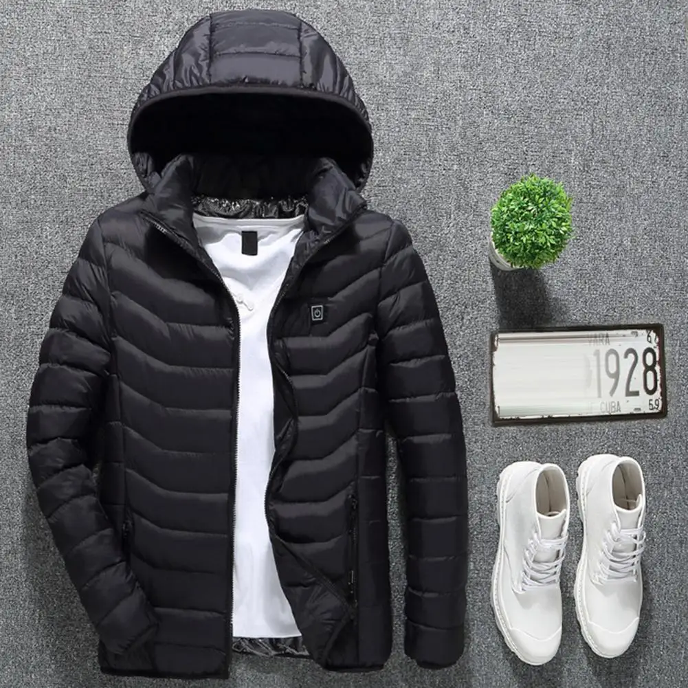 

Heating Jacket Stand Collar Pockets 2 Heating Areas 3 Levels Adjustable Hooded Coat for Men
