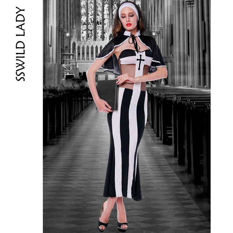 SSWILD LADY Women Nun's Sexy Uniform Dress Black White Striped Tight Dress Lingerie Erotic Sex Cosplay Uniform 6035