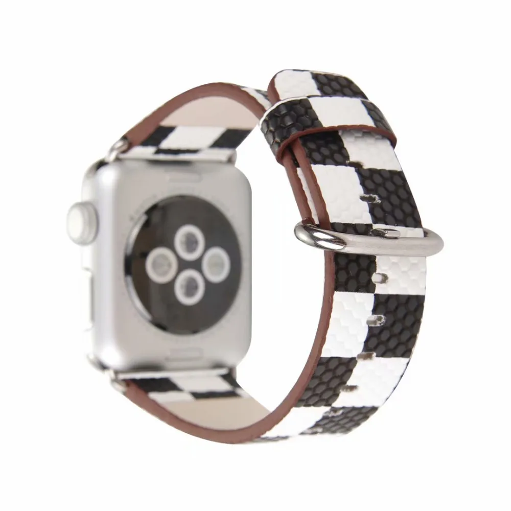Черно белый кожаный браслет ремешок для Apple Watch 42 мм 38 40 44 iWatch 5 4 3 2 1 полосатый узор