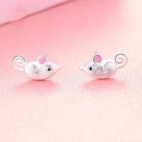 silver plated lovely lady pink ear small mouse stud earrings sweet girl pierced earrings charm lady birthday party jewelry