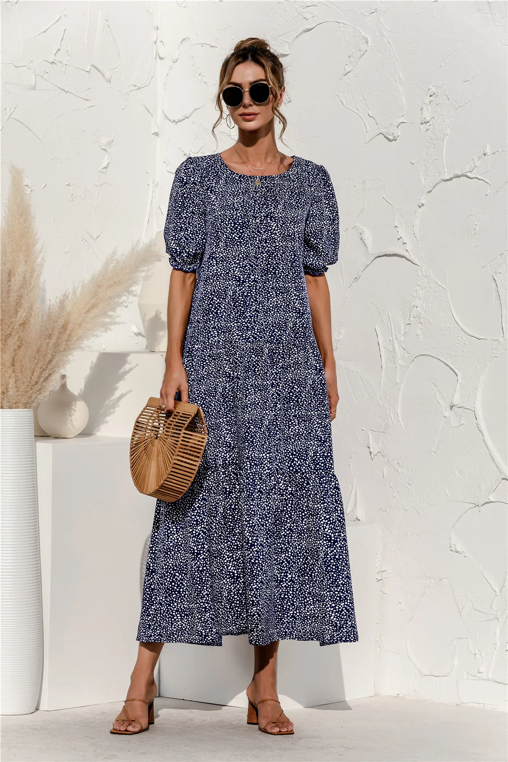 

Summer 2021 Puff Sleeve Plaid Polka Dot Stitching Loose Beach Boho Dress for Womens Long Casual Maxi Dress Vintage Dress Vestido