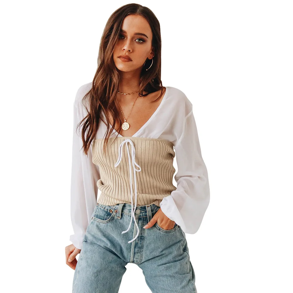 

Ladies Long Sleeve Clothing Top Women Blouse New Female Womens Deep V-neck Patchwork Top Shirt