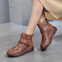 2021 new retro thick soled wedges hollow sandals genuine leather summer short boots trifle with cowhide casual shoes round toe
