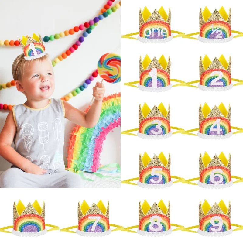

Newborn Baby Birthday Sequins Elastic Crown Headband Nylon Felt Decoration Cake Shop Props Infant Hairbands Kids Celebration