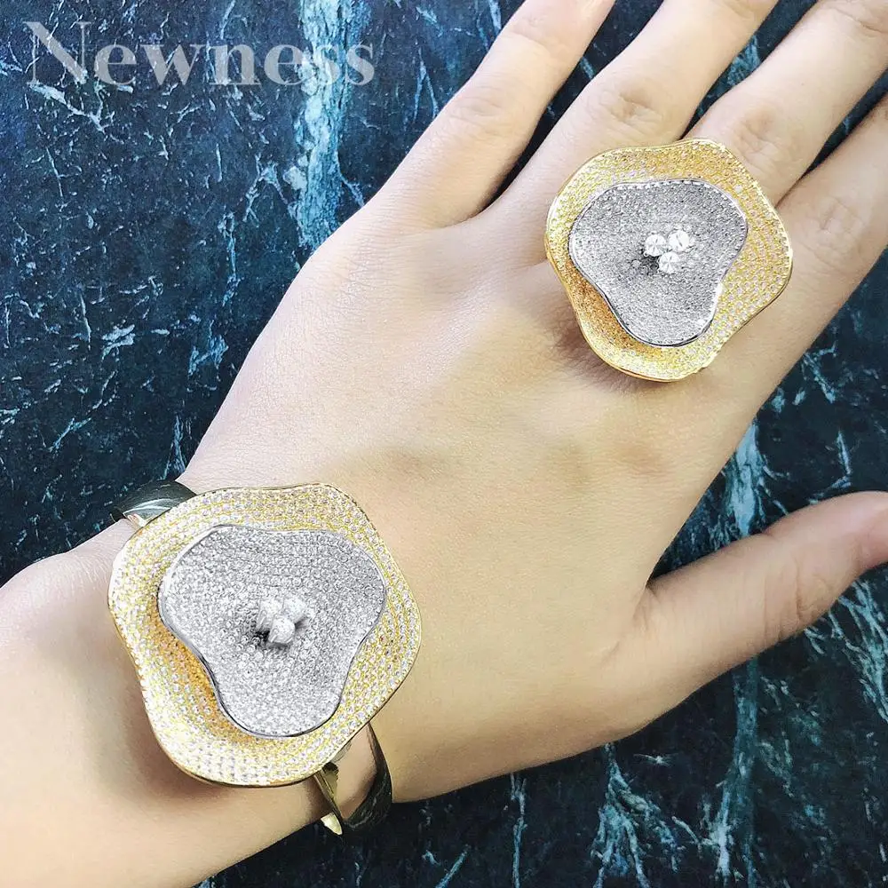 

Newness Design Flower Full Micro Paved Cubic Zircon Copper Women Engagement Wedding Big Bracelet Bangle And Ring Set