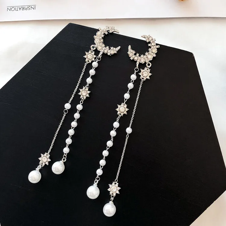 Корейские темпераментные жемчужные длинные звезды луна серьги с кисточками для