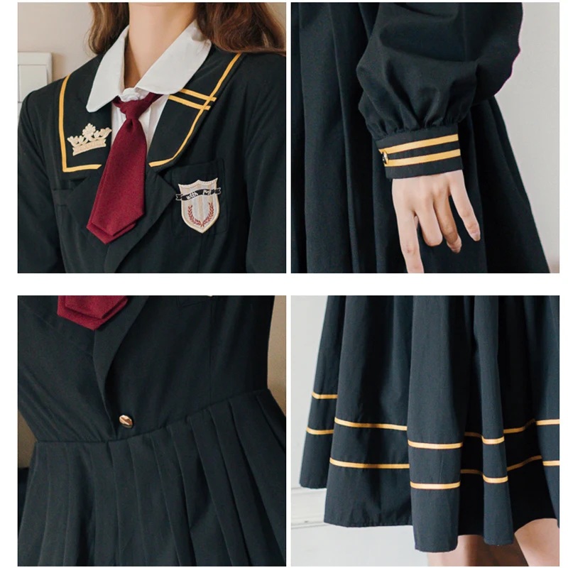 

Japanese Preppy Style Spring Autumn Women Long Black Dress Sailor Colalr Floral Embroidery JK Dress Elegant Sweet Pleated Dress
