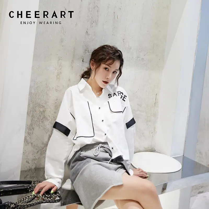 Белая Свободная блузка Cheerart дизайнерский Асимметричный топ с длинными рукавами