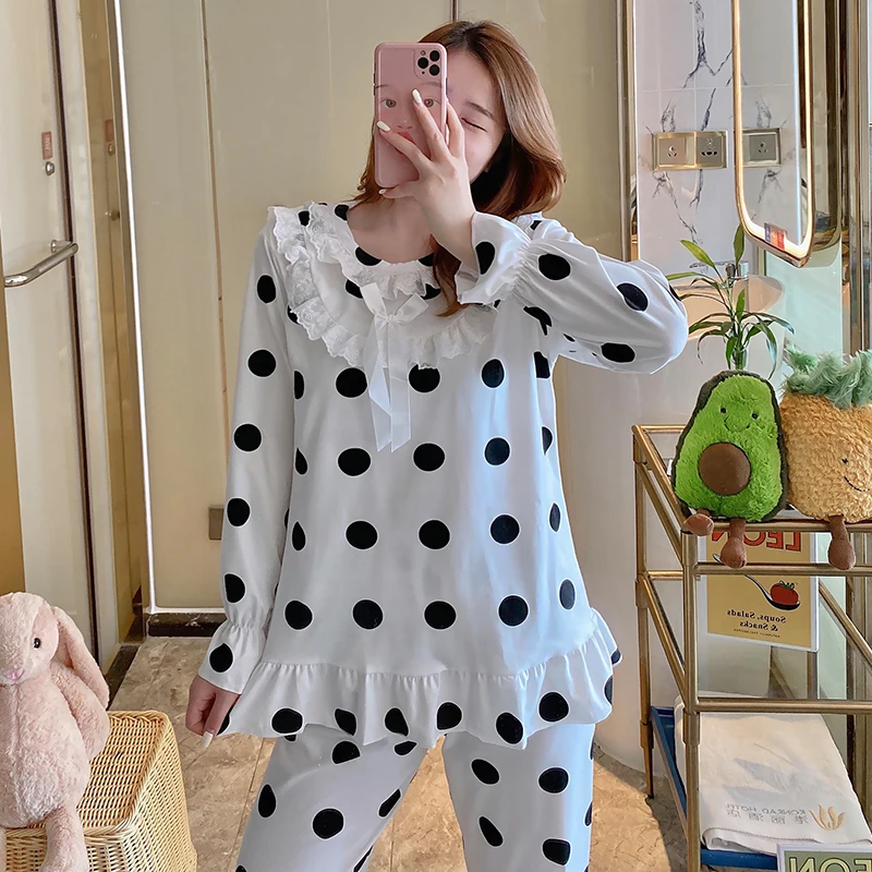 

2 Pcs New Lace Princess Style Women Pajamas Set 2020 Spring Autumn Cute Long Sleeve Women Sleepwear Long Pant Simple Pajamas