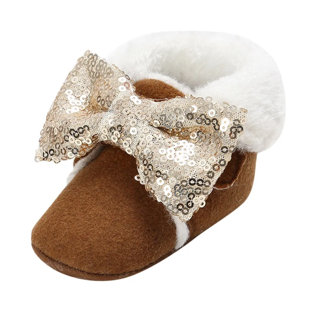 A Теплые зимние ботинки с блестками и бантом для маленьких девочек; bootie shoes; Детский костюм; высокое качество - Цвет: A