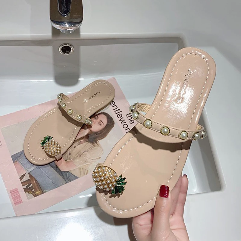 

Pearl Pineapple Slippers Women Set Of Toe Flat Sandals Summer Outdoor Fashion Korean All-match Slippers Zapatillas de mujer