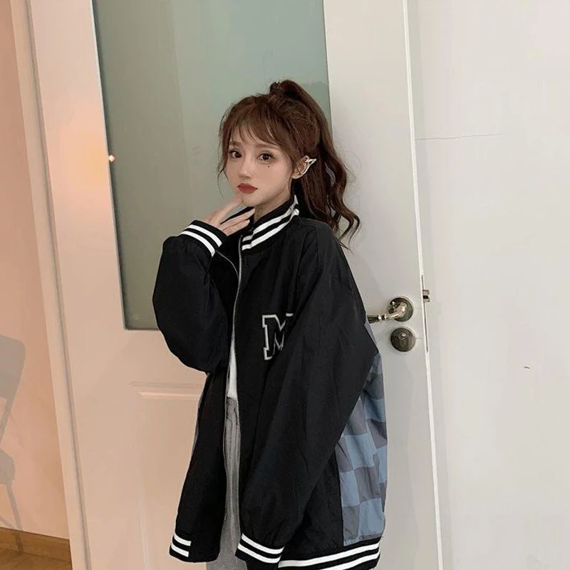 Повседневные клетчатые куртки в стиле Харадзюку с надписью женские корейские