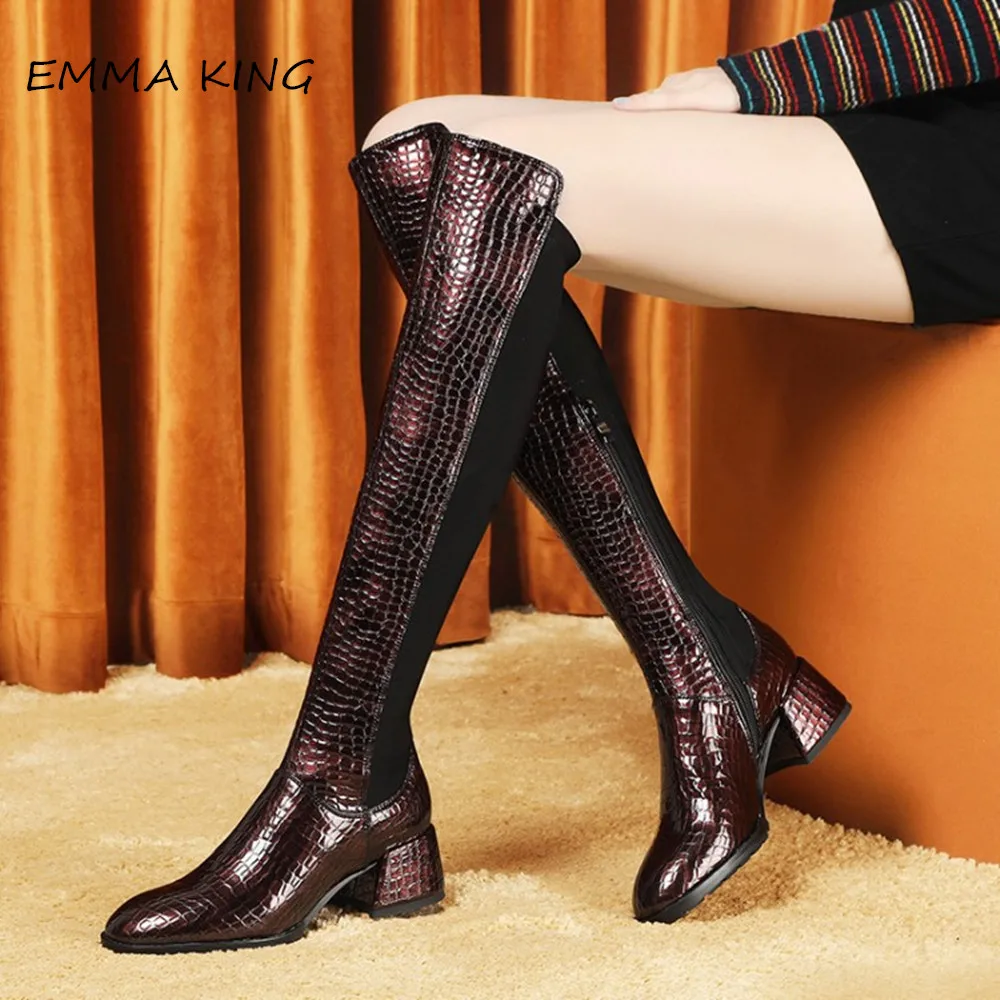 

EMMA KING 2019 Stone Pattern Leather Elastic Cloth Winter Knee High Boots Women Martin Shoes With Chunky Heels