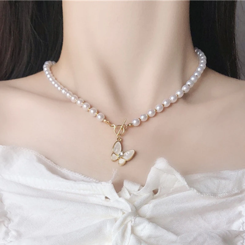 

New Butterfly Pearl Alloy Necklace Ins Temperament Aimple Niche Design Sense Clavicle Chain Jewelry for Women Gifts
