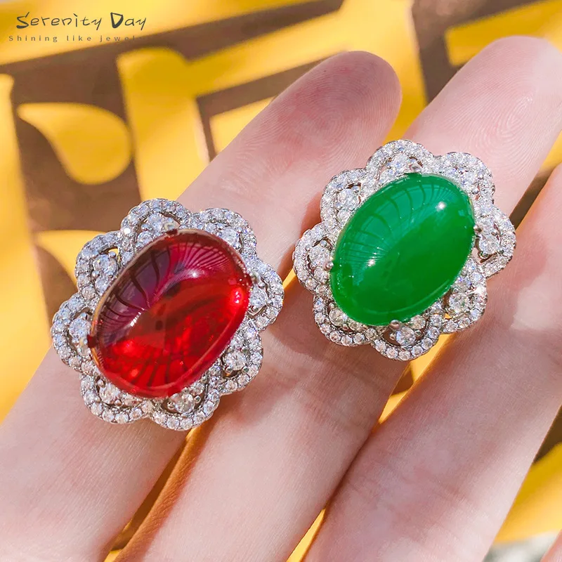 

Serenity Day New Egg 13*18MM Simulated Ruby Emerald Women Ring Sparkling Gemstone Resizable Anillos Mujer Fine Jewelry Wholesale