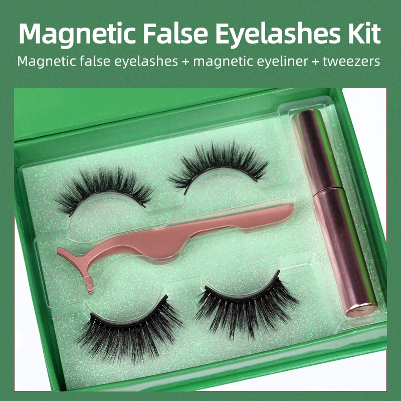 2 Pairs-Magnetic False Eyelashes Sets with Eyelash Tweezer Eyeliner 5 Magnets Synthetic Fiber Eye Makeup Tool