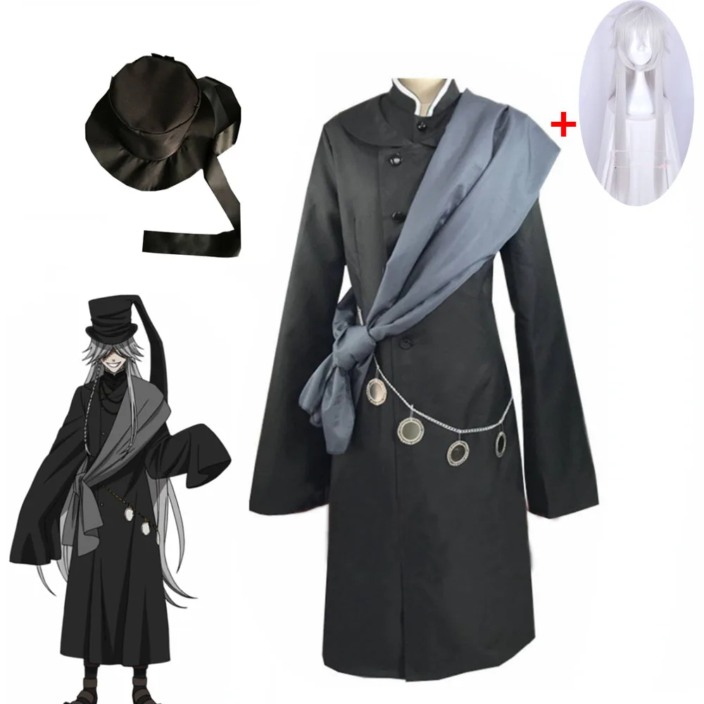 

2019 Black Butler Kuroshitsuji Undertaker Cosplay Halloween Party Costume Made Complete Set with Hat and Chain Wig