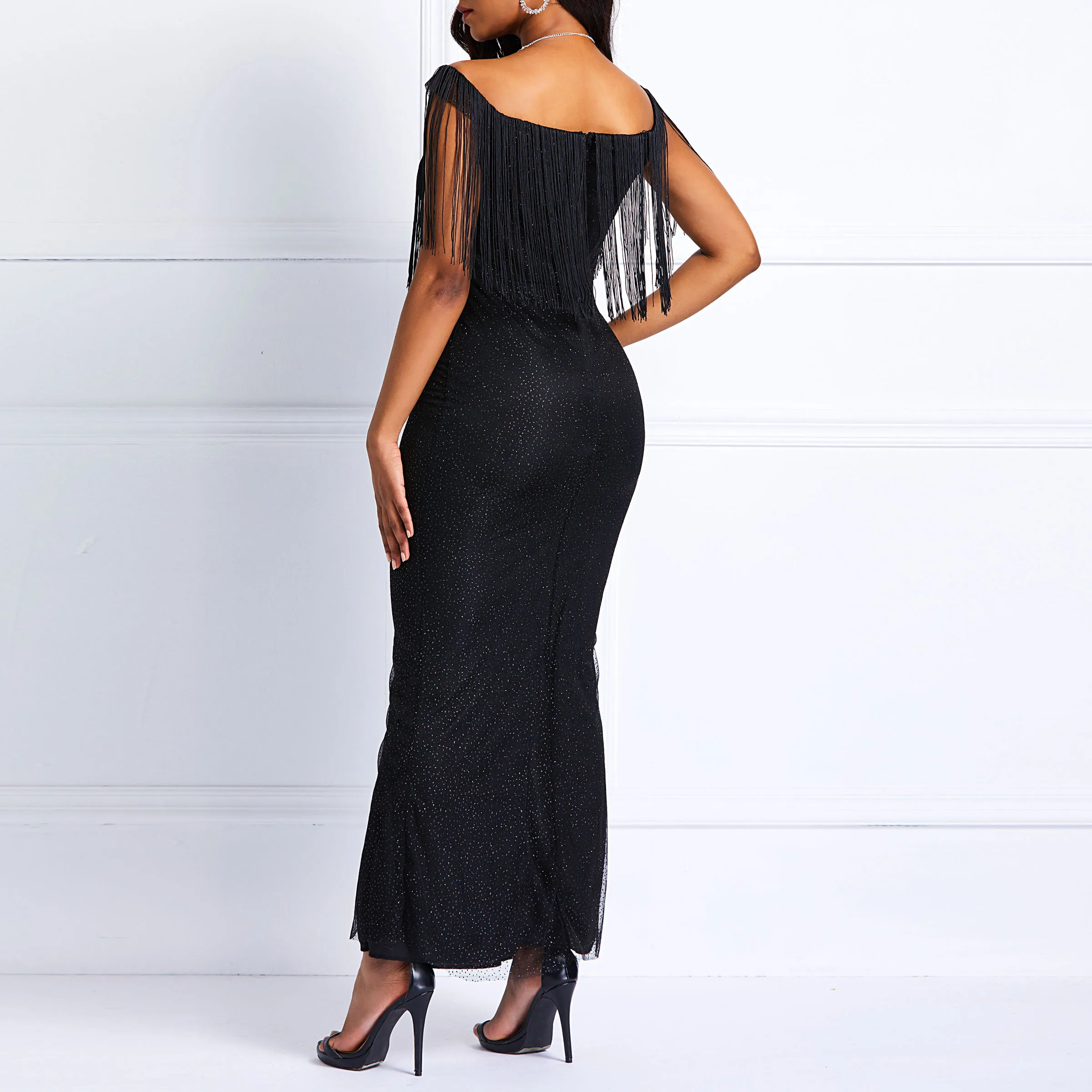 Sequins Mermaid Dress Off Shoulder Tassel Sleeve Skinny Slash Neck Elegant Bodycon Sexy Stylish Prom Evening Black Long Dresses | Свадьбы и