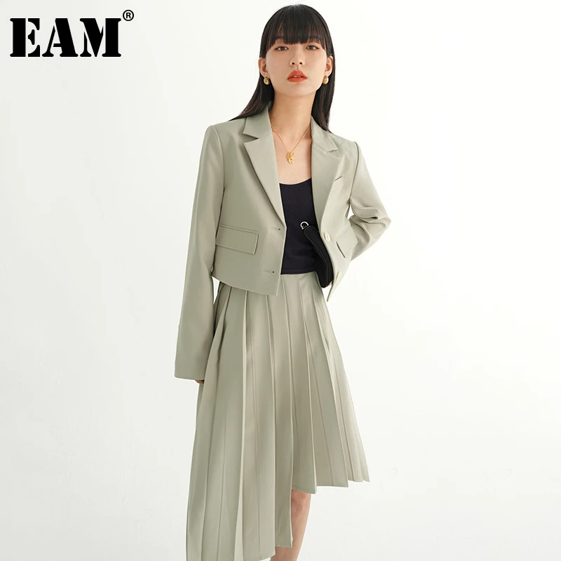 

[EAM] Half-body Skirt Pleated Two Pieces Suit New Lapel Long Sleeve Green Loose Women Fashion Spring Autumn 2021 1DD5387