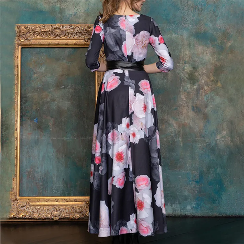

Plus Size Elgant Women Print Party Dress Spring 2020 Half Sleeves Sashes Slim Maxi Dress