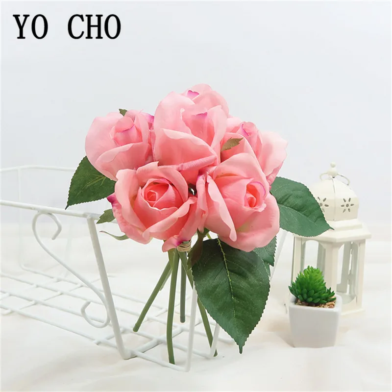 Шелковые розы искусственные цветы букет из 6 розовых роз небольшой вечерние НКИ