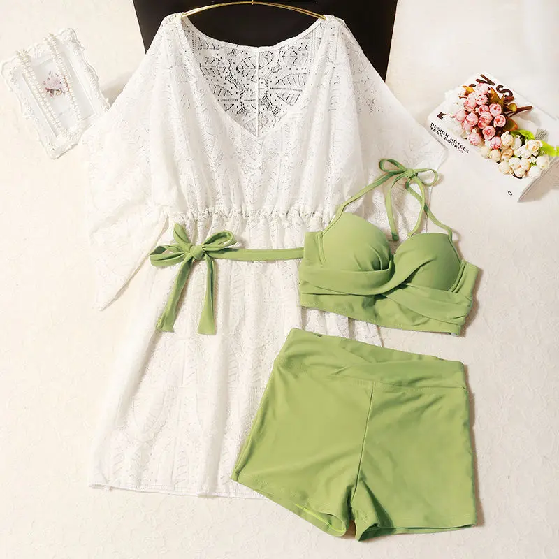

Bikini Set Women Summer Korean Slim Spaghetti Strap Sexy Soft Ladies Three Piece Swimsuit White Hollow Out Elegant Top Swimwears