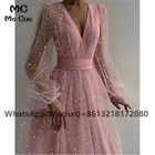 Новинка 2021, блестящее пыльно-розовое вечернее платье для выпускного вечера с кружевом и длинными рукавами, в пол, женское платье
