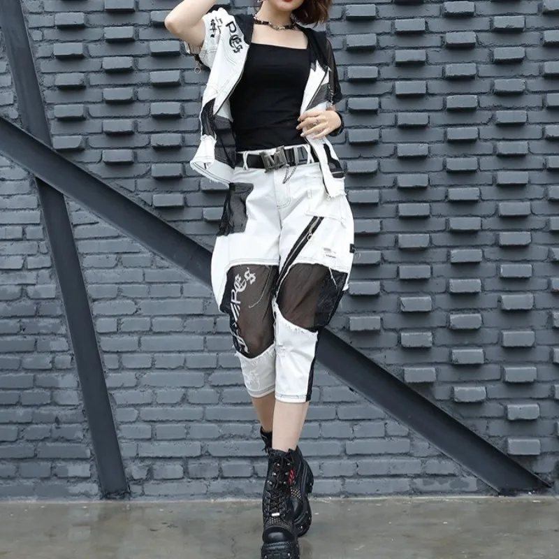 Street Women White Hooded Tops Harem Two Piece Summer Fashion Slim Mesh Patchwork Jacket Calf-Length Pants Set S M