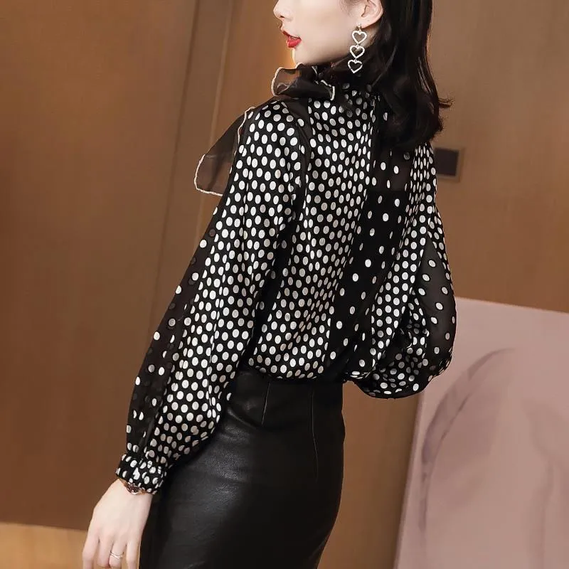 Новинка ретро Блуза в горошек Женская одежда из искусственной кожи сетчатая