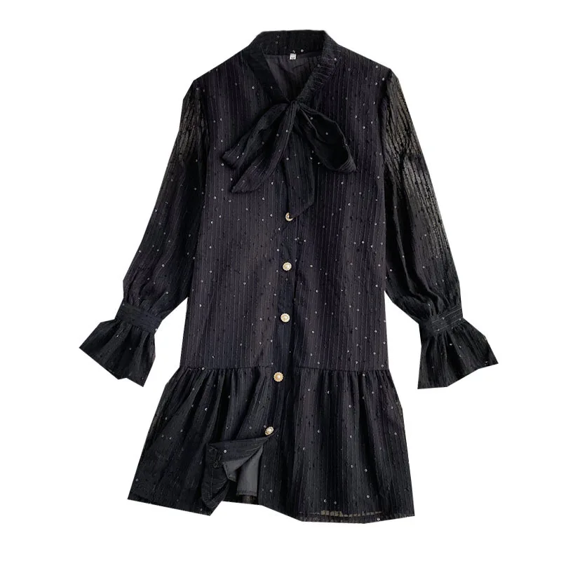 

Elegant Mermaid Women Dresses Autumn New Flare Sleeved Solid Button Loose Lady Bow Neck Mini Female Clothing Top Quality