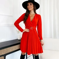 women sexy v neck long sleeve mini dress fall winter fashion red black lace up elegant party office ladies pleated dresses robe