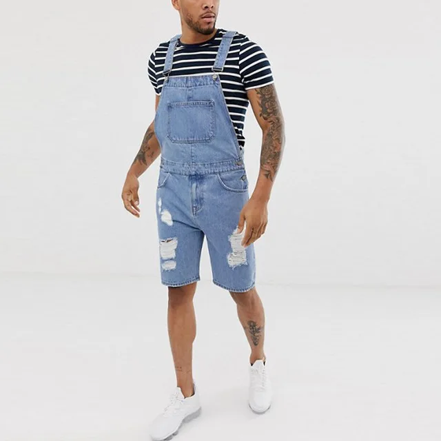 

Ripped Jeans Jumpsuit Men Summer Denim Jumpsuits Playsuits Rompers Destroyed Hole Broken Casual Male Overalls Outfit Clothes