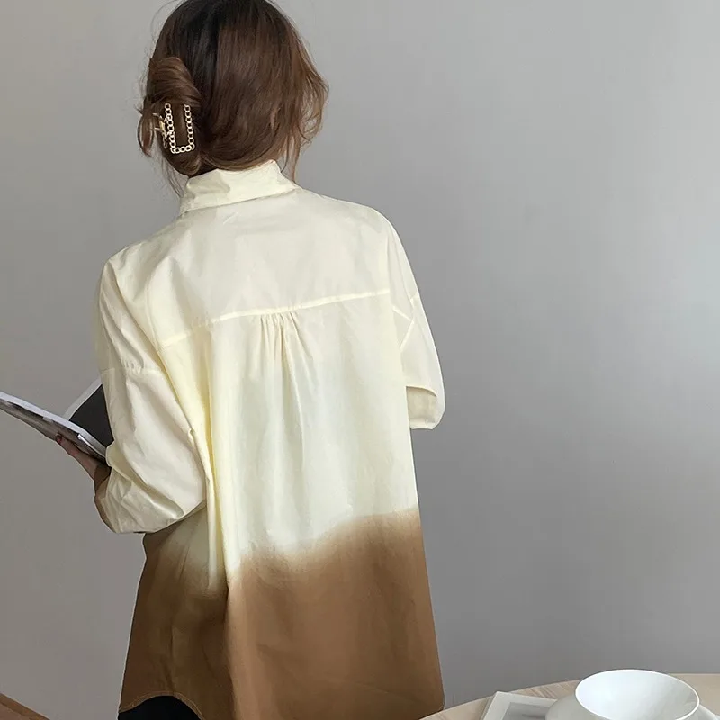 

Retro Hong Kong Style Tie-Dyed Shirt Fried Street Coat Women's Elegant Loose Slimming Mid-Length Shirt Long Sleeve Top Clothes