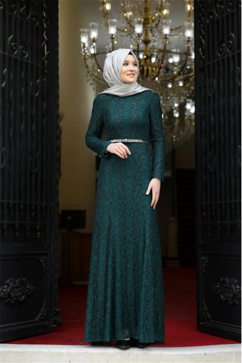 

Emerald Green Lace Long Sleeve Muslim Prom Dress 2021 Sheath Islamic Dubai Kaftan Saudi Arabic Long Evening Formal Party Gowns