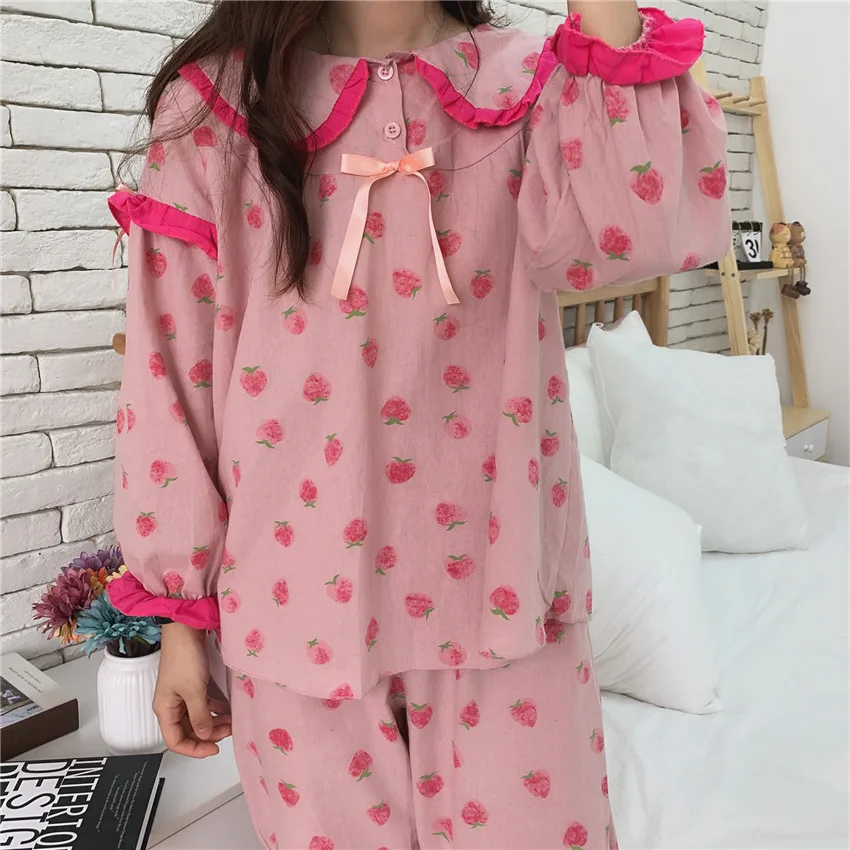 

strawberry women pajamas set spring autumn peter pan collar cute sleepwear 2 piece set loose top pants home suit sweet Y300